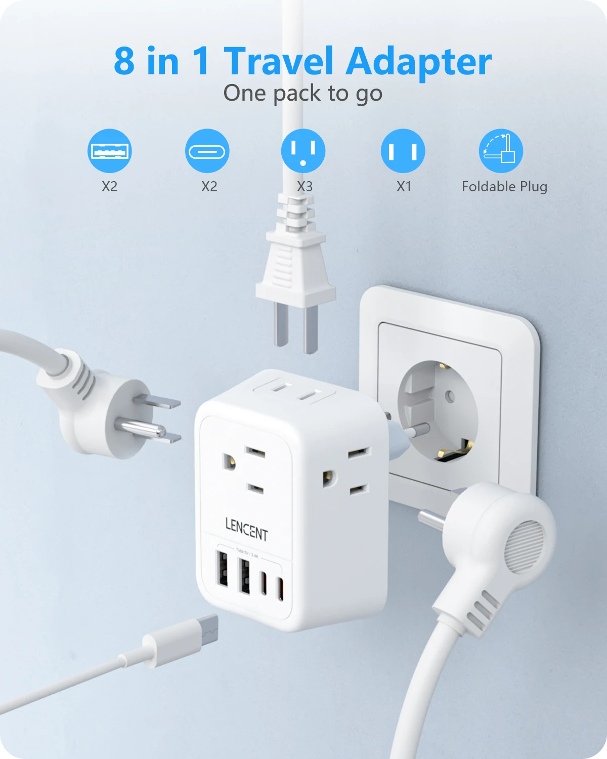 LENCENT US to EU Travel Adapter International Type-C Foldable Power Plug with 4 Outlets+2USB-A+2USB-C  5V/3A European Travel