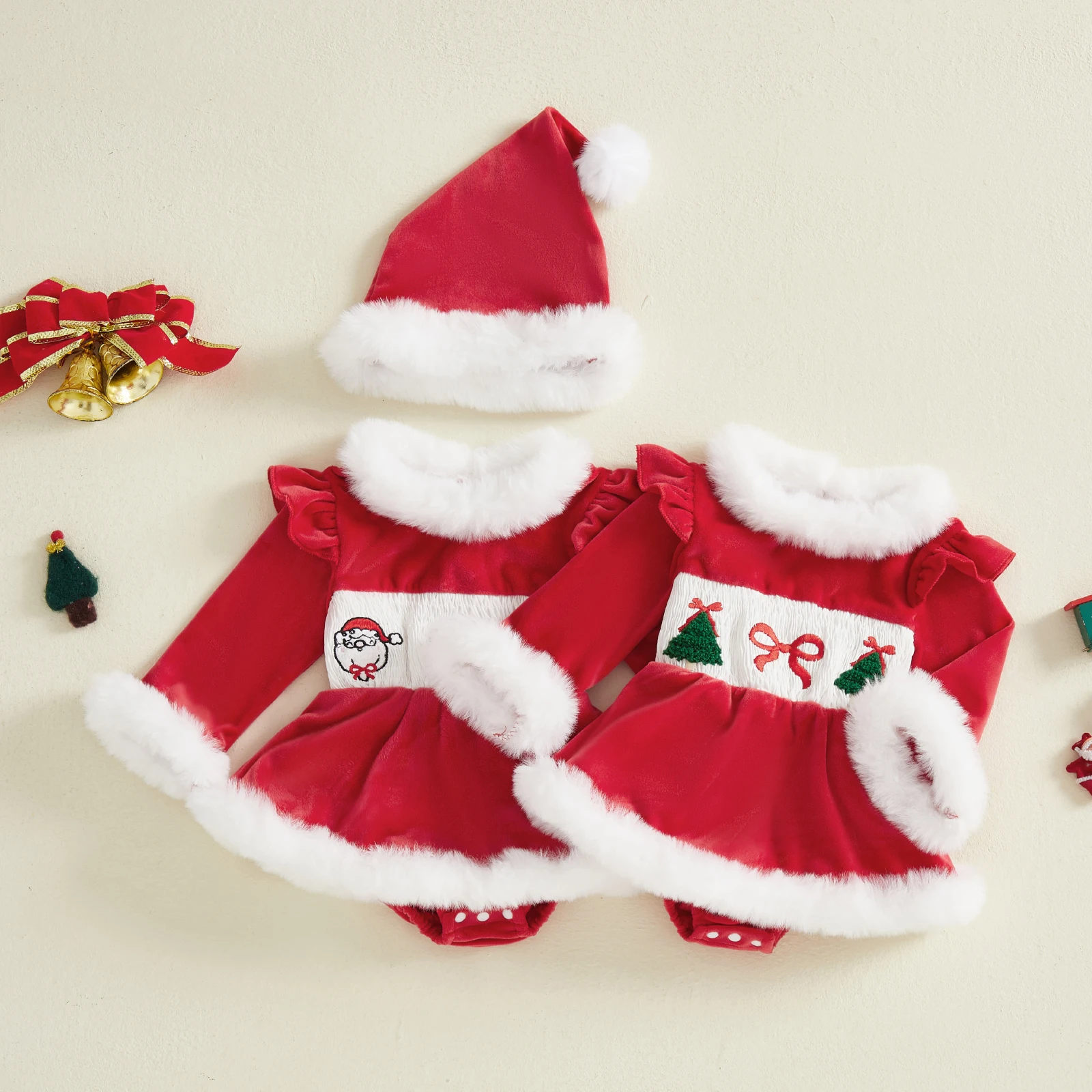 Tregren 0-24M Infant Baby Girl Christmas Romper Dress Embroidered Furry Trim Crew Neck Long Sleeve Bodysuit and Hat 2 Pcs Sets