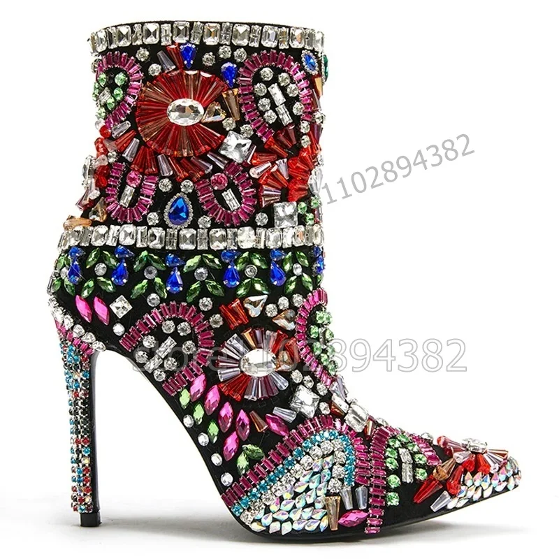 Colorful Jewel Crystal Decor Pointed Toe Ankle Boots Side Zipper Women Shoes Thin High Heels Fashion 2023 Zapatos Para Mujere