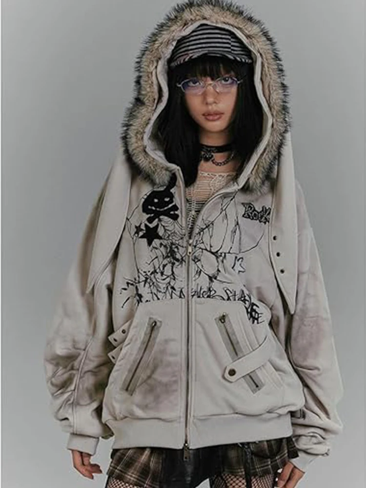 

Autumn and Winter Women's Street Personalized Printed Loose Zipper Hoodie Sweatshirt Gothic Harajuku Fashion Top Y2k Clothing