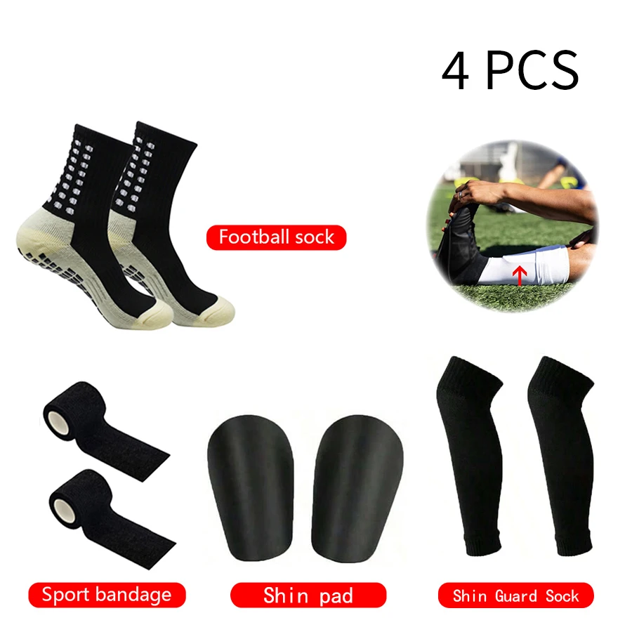 

4PCS Set Non-Slip Grip Socks Soccer Socks Breathable Shin Guards Socks Football Mini Shin Pads Cohesive Athletic Bandages