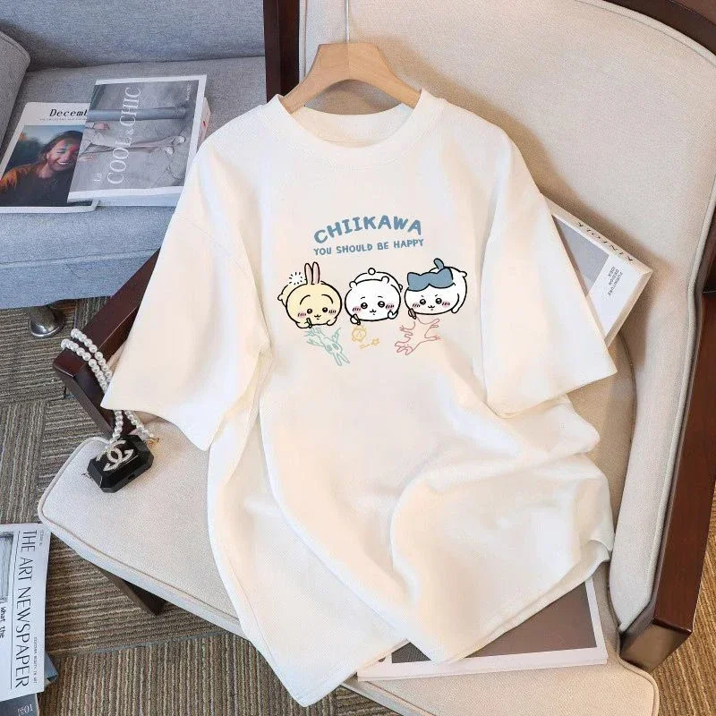 Chiikawa Cartoon Print 100% cotone manica corta girocollo T-shirt da donna Trendy Summer Cute Loose Fashion T-shirt da donna