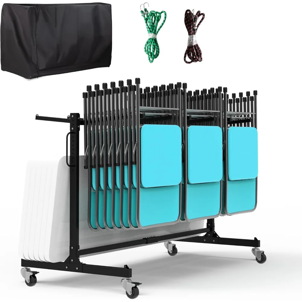 US Shipping Heavy Duty Folding Chair Cart with Wheels 42 Chair Storage Rack 600 LBS Capacity Cart w Dust Cover and Ropes 72L