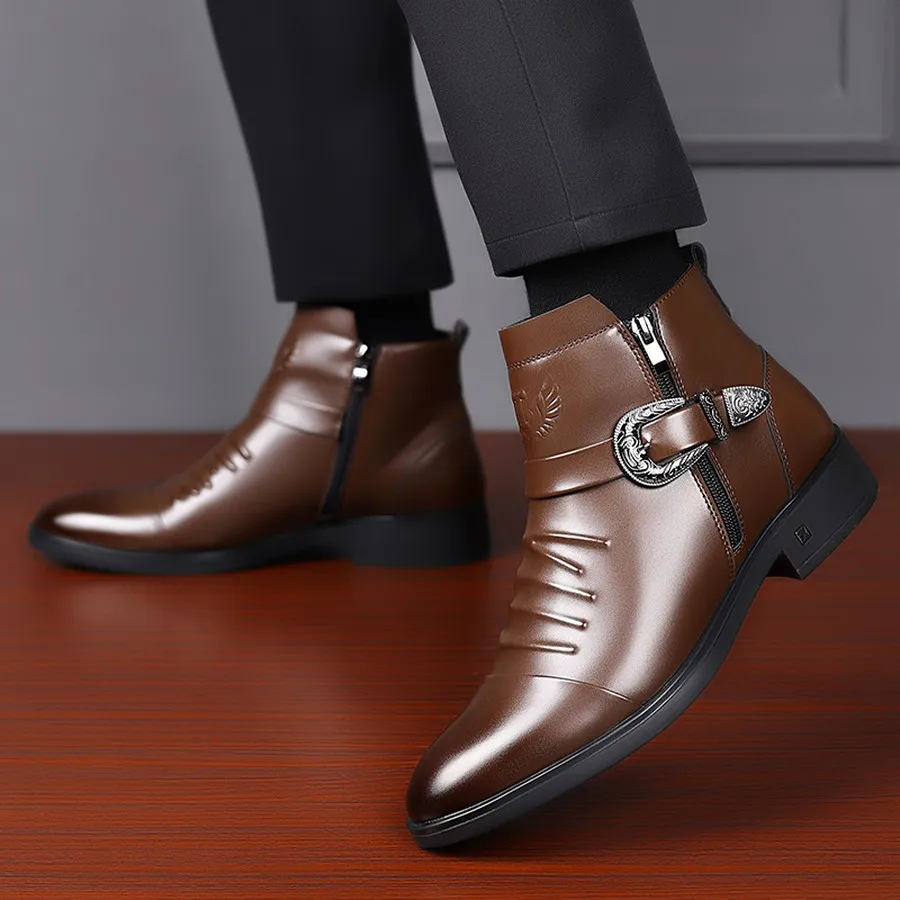 Herren PU-Stiefeletten mit seitlichem Reißverschluss, runder Zehenpartie, kurze Stiefel für den täglichen und lässigen Gebrauch – Detail 12