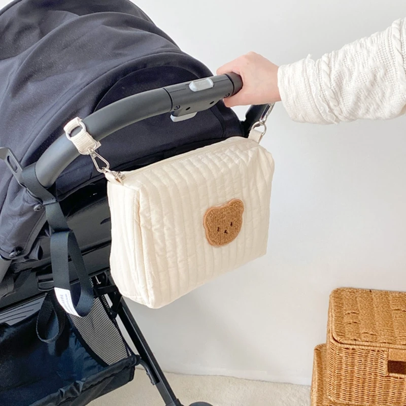 Bolsa de pañales para cochecito de bebé, Organizador con bordado de oso, multifuncional, para lactancia, mamá, bolsa de maquillaje de viaje