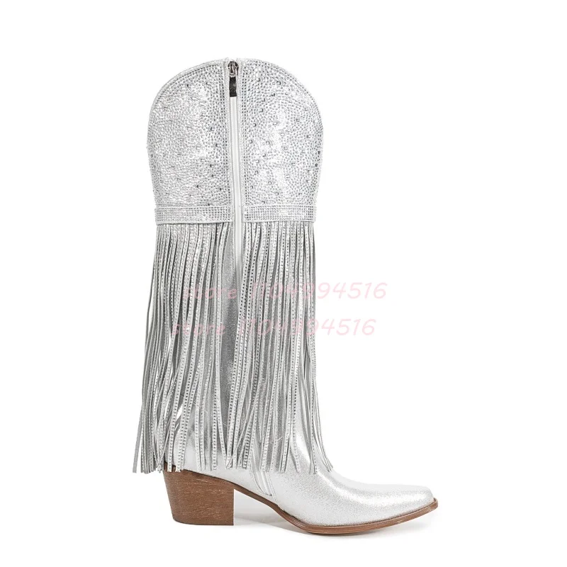 Silver Pointed Rhinestone Fringed Long Boots Metal Buckle Bling Thick Heel Sandals Women's Sexy Hot Chick Party High Heel Boots