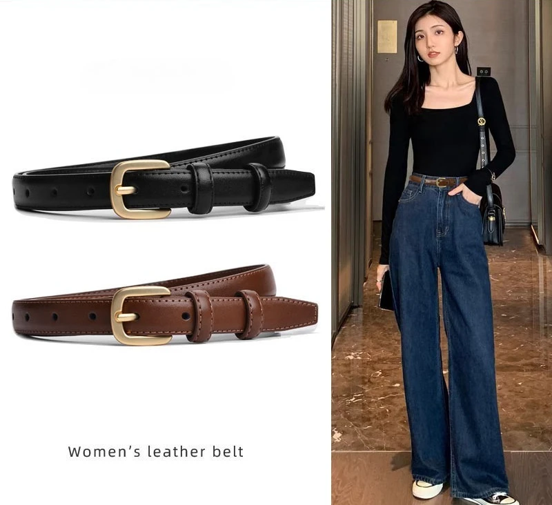 حزام أزياء للسيدات، حزام بنطلون أسود بسيط على الطراز الكوري، متعدد الاستخدامات لجينز أنيق مع فيبي أنيق