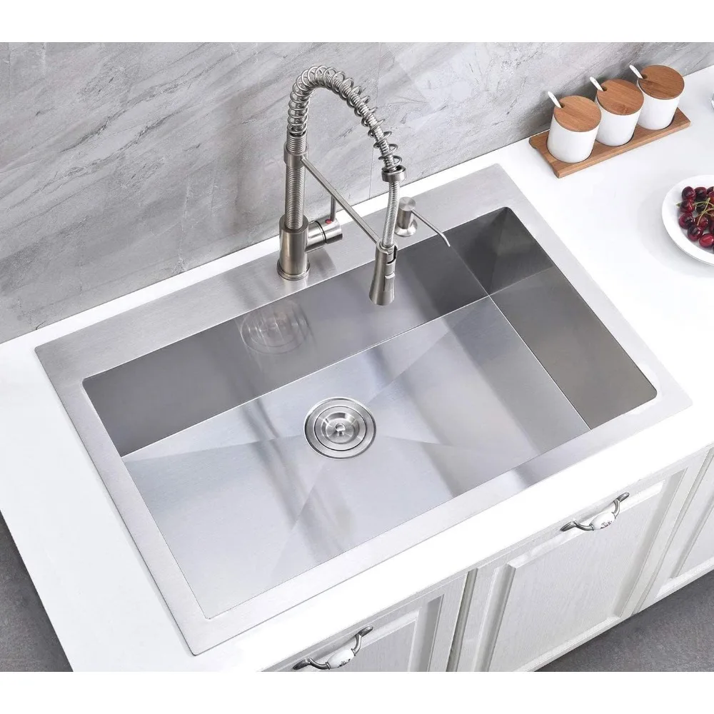 33 x 22 Inch Drop in Stainless Steel Kitchen Sink, Single Bowl 16 Gauge Top mount Sink Commercial Handmade