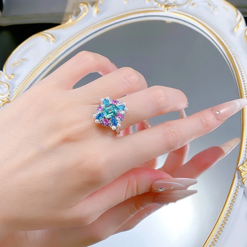 الفاخرة الشهيرة عالية المجوهرات سر حديقة بارايبا التورمالين اللؤلؤ المشاركة الزفاف الأزهار خاتم الزبرجد كوكتيل النساء الفرقة #2