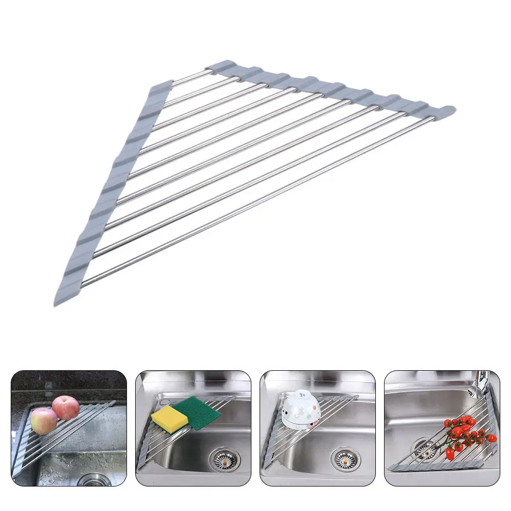 Stainless Steel Triangular Sink Drain Rack Kitchen Dish Drying Holder Tableware Storage Organizer Gray