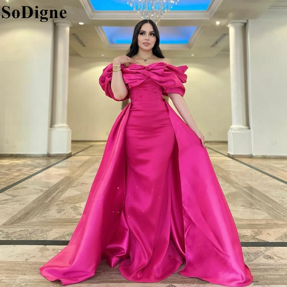 

SoDigne Fuchsia Satin Evening Dresses Off Shoulder Mermaid Detachable Train Draped Party Dress 2024 Formal Prom Gowns Customized