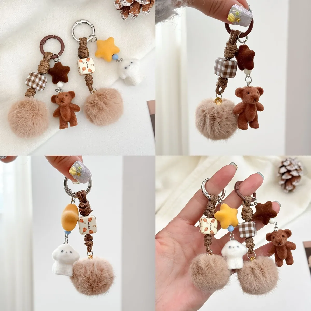 Cute Bear Keychain for Car Keys – Flocked Dog Pendant, Handmade Braided Rope Charm, Pom-Pom Bag Hanging Decor