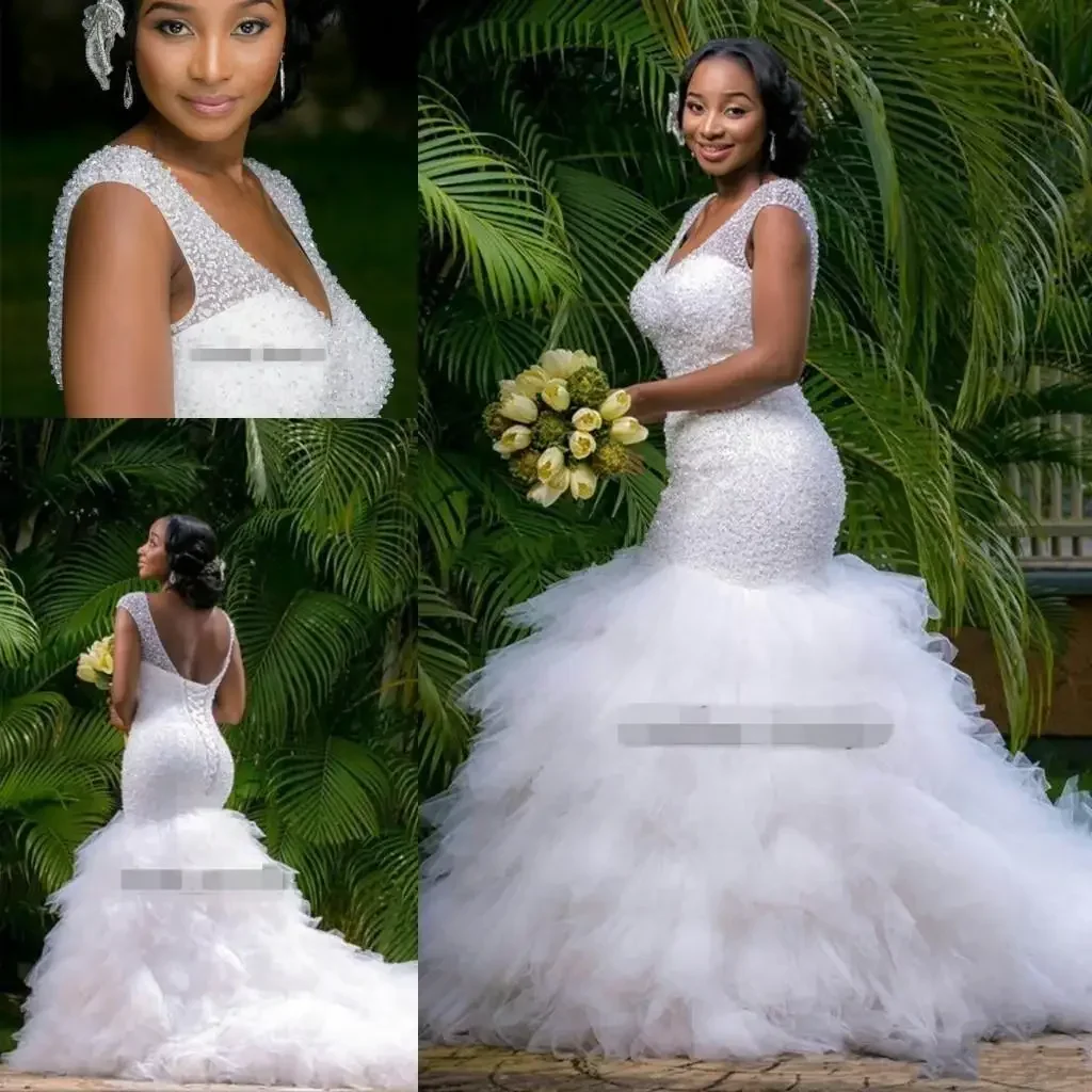 تخصيص زائد حجم فساتين حورية البحر الخرز شير العميق الخامس الرقبة مع الدانتيل متابعة الكشكشة حديقة مخصص أثواب الزفاف الزفاف