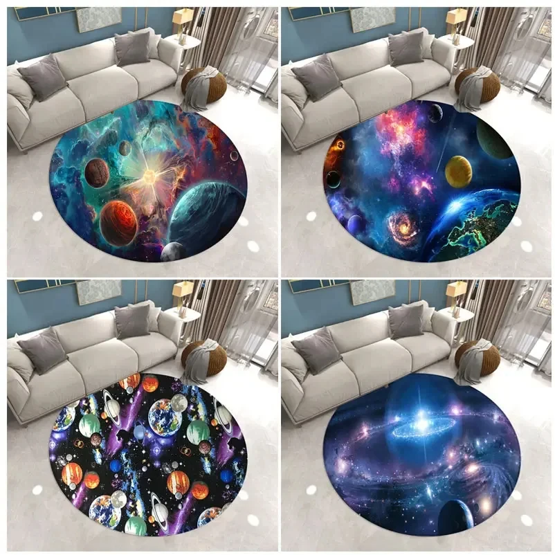 Universe Starry Sky Round Area Rug Galaxy Space Planet Circle Carpet for Living Room Kids Bedroom Dorm Decor Non-slip Floor Mat