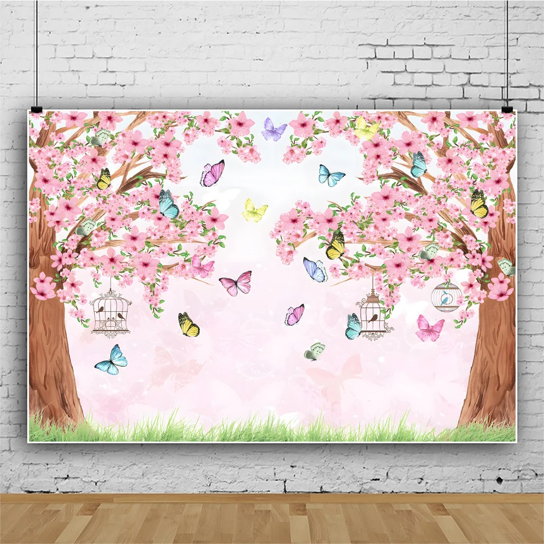 Laeacco Spring Garden Pink Cherry Blossom Green Grass Butterfly Backdrop Baby Shower Birthday Portrait Photography Background