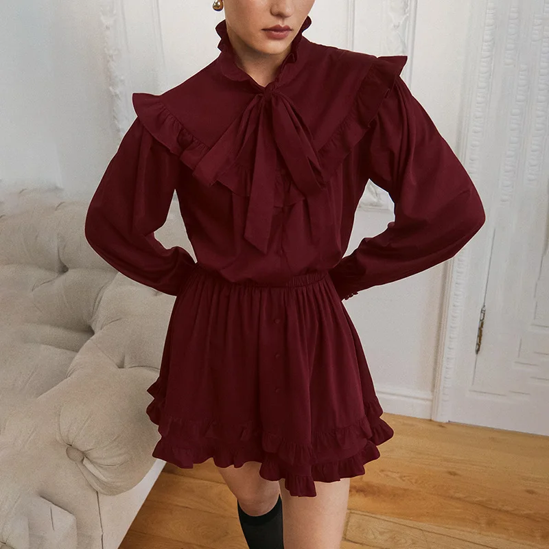 Ticketsx Vintage Lace Up Ruched Dress Elegant Solid Women Button Patchwork Mini Dress Fashion Commute Streetwear Lady Vestidos