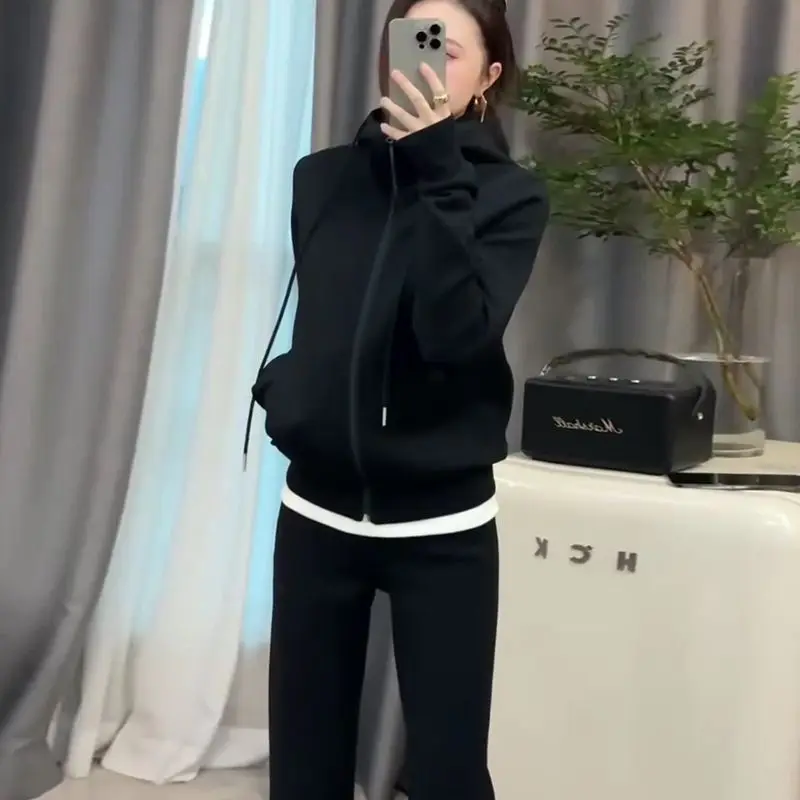 Spring and Autumn Casual Sportswear Set Women's Hooded Slimming Jacket Straight Leg Wide Leg Pants Two-piece Set