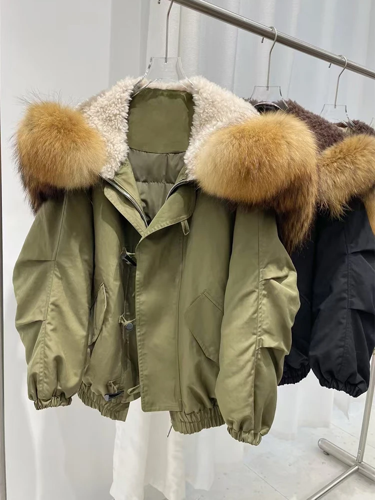 2024 Big Real Raccoon Fur Collar Women Parka Keep Warm Goose Down Jacket Army Green Loose Oversize Raccoon Fur Coats