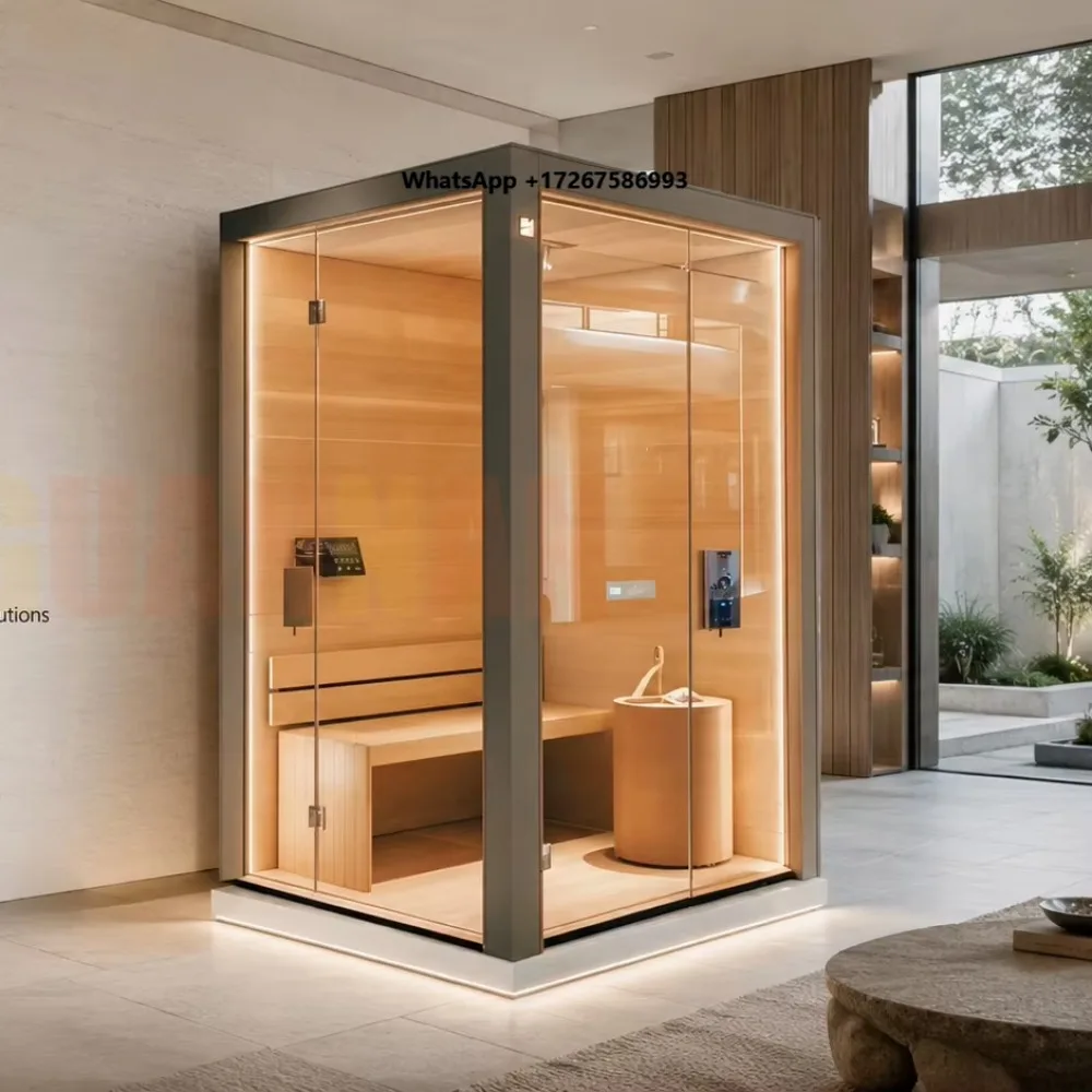 Home Indoor Wooden Sauna Dry Sauna Room With Tempered Glass Door for Spa Detox Wellness Relax Fitness Therapy