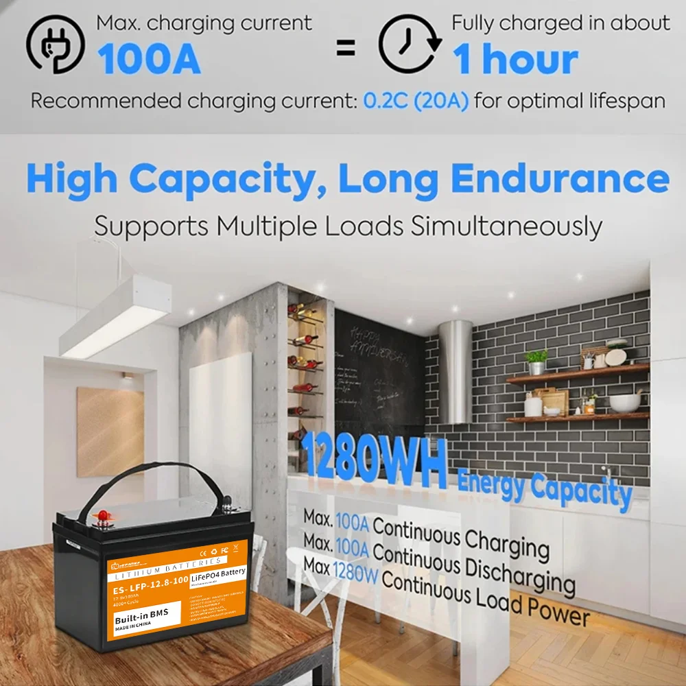 12V LiFePO4 Battery 200AH Built-in BMS Lithium Iron Phosphate Cell 6000 Cycles For RV Campers Golf Cart Solar TAX FREE + Charger