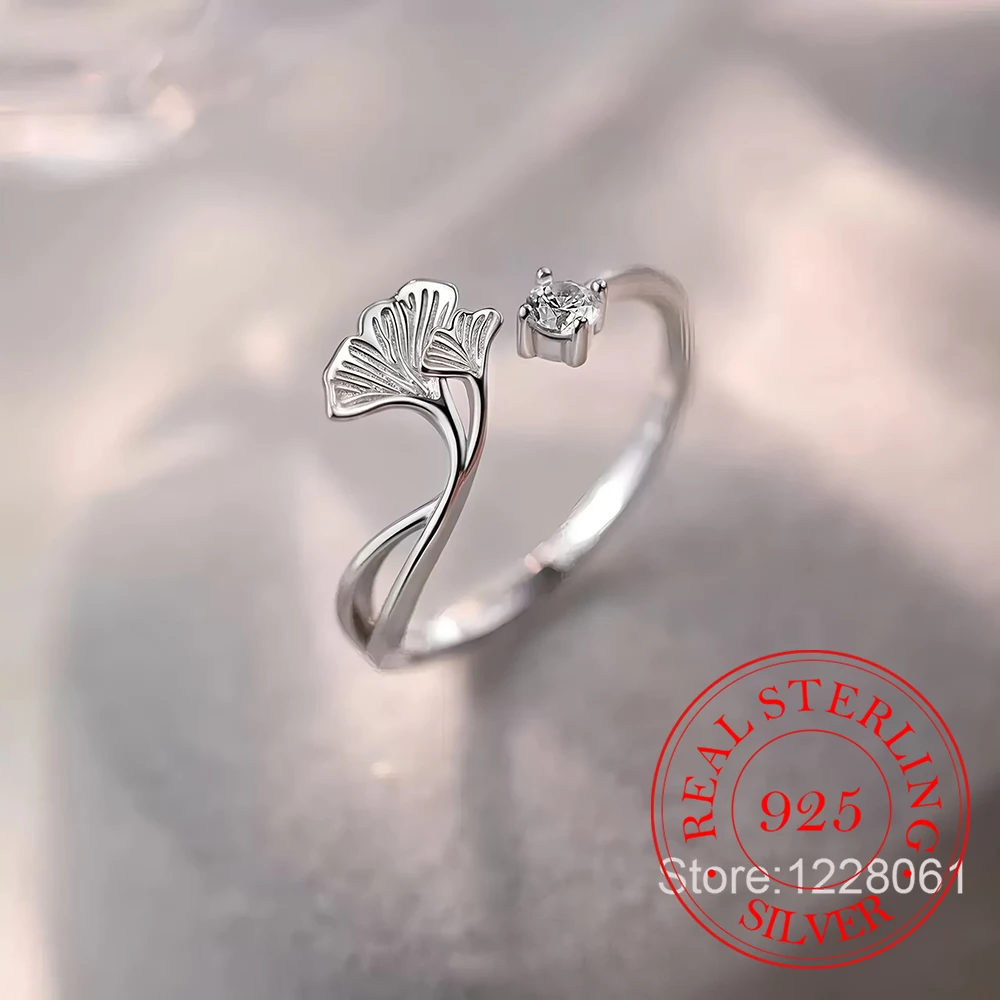 925 Sterling Silver Jewelry Luxury Crystal Ginkgo Leaf Finger Rings for Women Wedding Party Jewelry For Girls Friend Gift