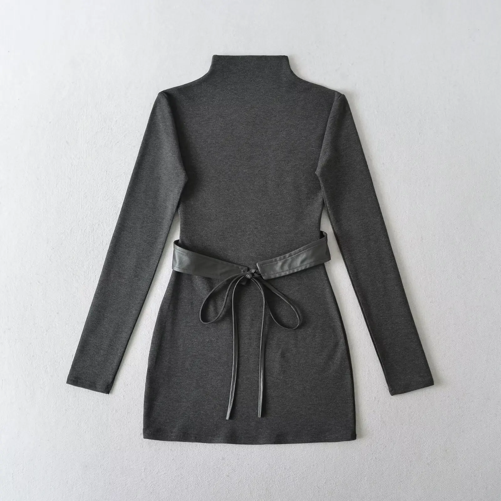 Autumn Winter Sexy Half High Collar Package Hips Long Sleeve Mini Dress Women Slim Leather Sashes Napping Bodycon Vestidos Black