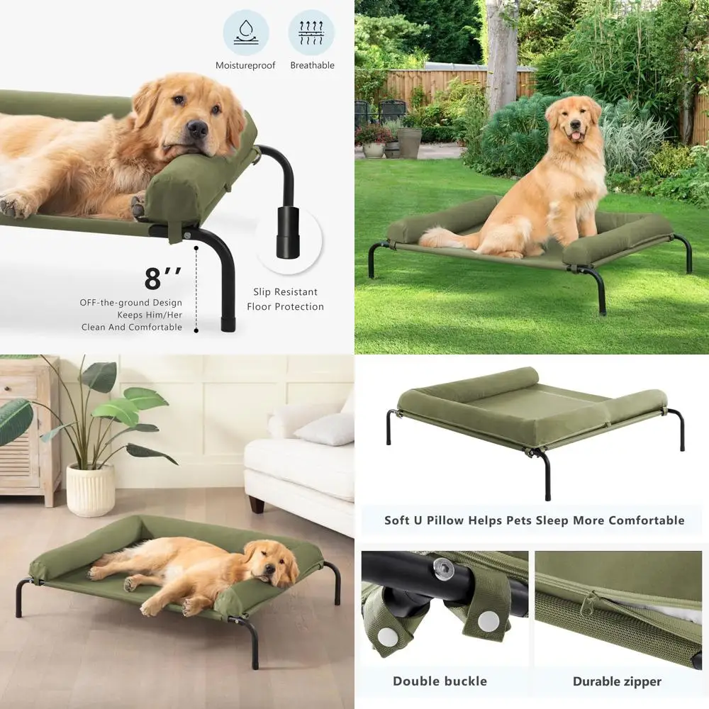 

Portable Outdoor Elevated Dog Bed with Breathable Mesh for Large Dogs, Removable Waterproof Bolster Included