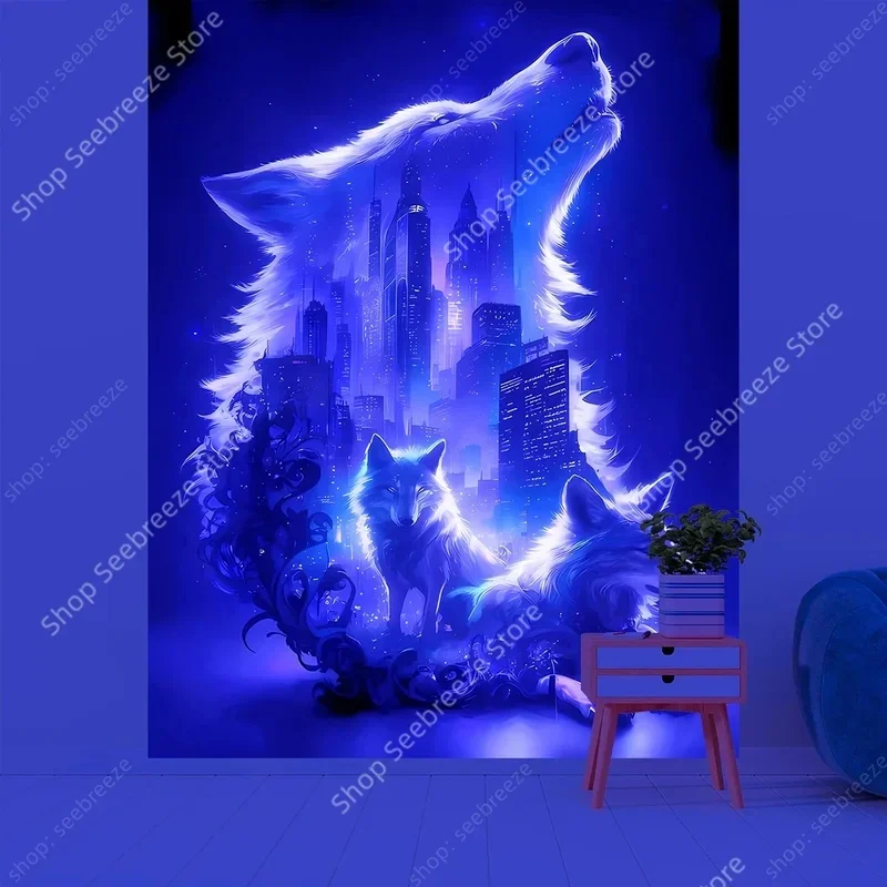 VIKAMA Blacklight Glow Wolf Wall Tapestry Psychedelic Galaxy Mountain Pattern Large Fabric Wall Blanket for Indoor Room Decor