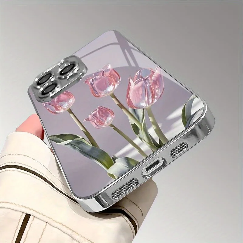 Pink Glass Tulip Pattern Glass Electroplated Phone Case For iPhone 17 16 15 14 13 12 11 Pro Max Plus 16E 17 Air Protective Cover - Image 5