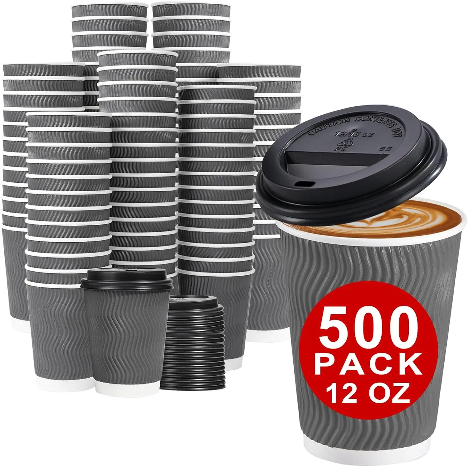 

500 Pack - 12 oz Insulated Disposable Coffee Cups with Lids, To Go Paper Coffee Cups with Lids, Corrugated Ripple Wall Cup