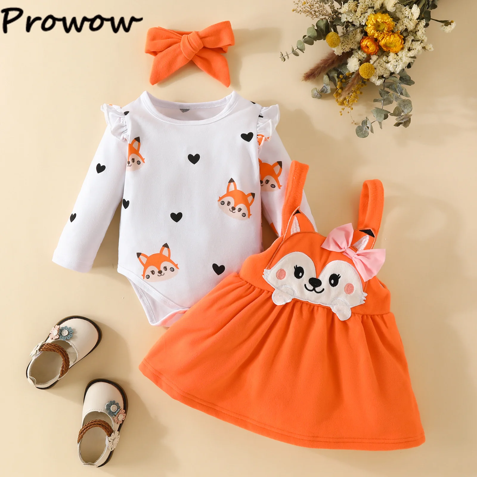 Prowow Cute Fox Baby Dresses 3pcs Set Heart Print Romper+Suspender Fox Dress For Girls Fall Winter Newborn Baby Girl Clothes