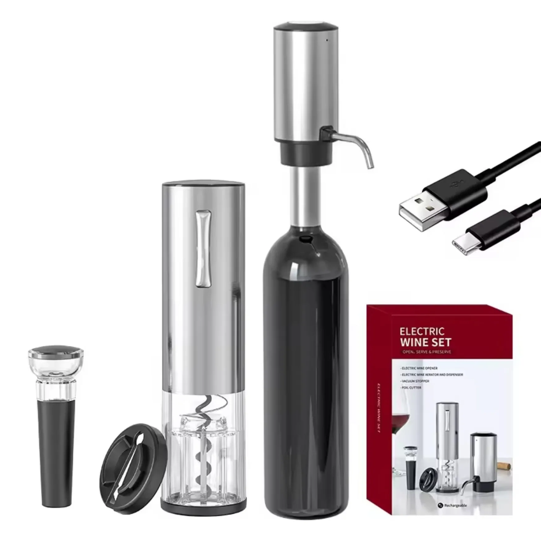 3 in 1 Electric Wine Bottle Opener Aerator and Dispenser Set Rechargerable Automatic Wine Dispenser Corkscrew Bar Tools TYPE-C