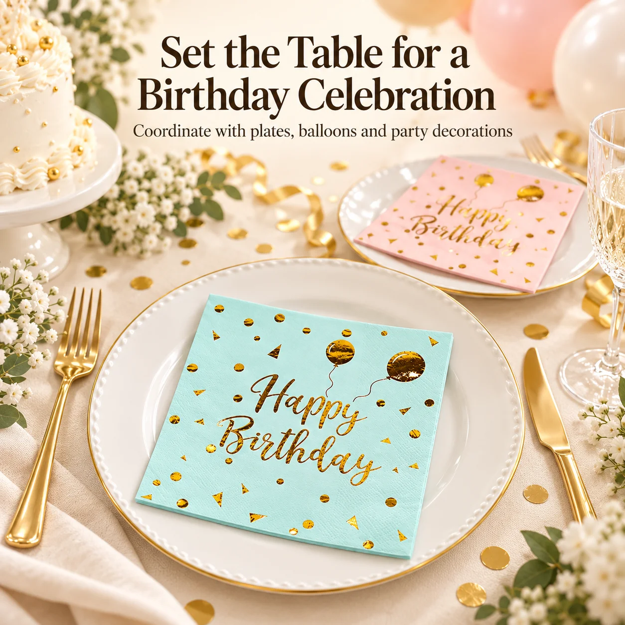 20Pcs Happy Birthday Foil Paper Napkins 33x33cm 2-Ply Gold Rose Gold Balloon Party Table Decoration