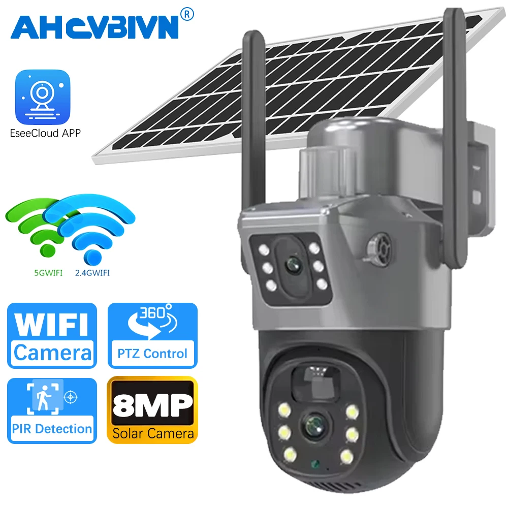 

5G и 2,4 ГГц двухдиапазонный WIFI 4K 8MP двойной экран солнечная камера уличная беспроводная Wi-Fi PTZ защита безопасности PIR обнаружение камера видеонаблюдения