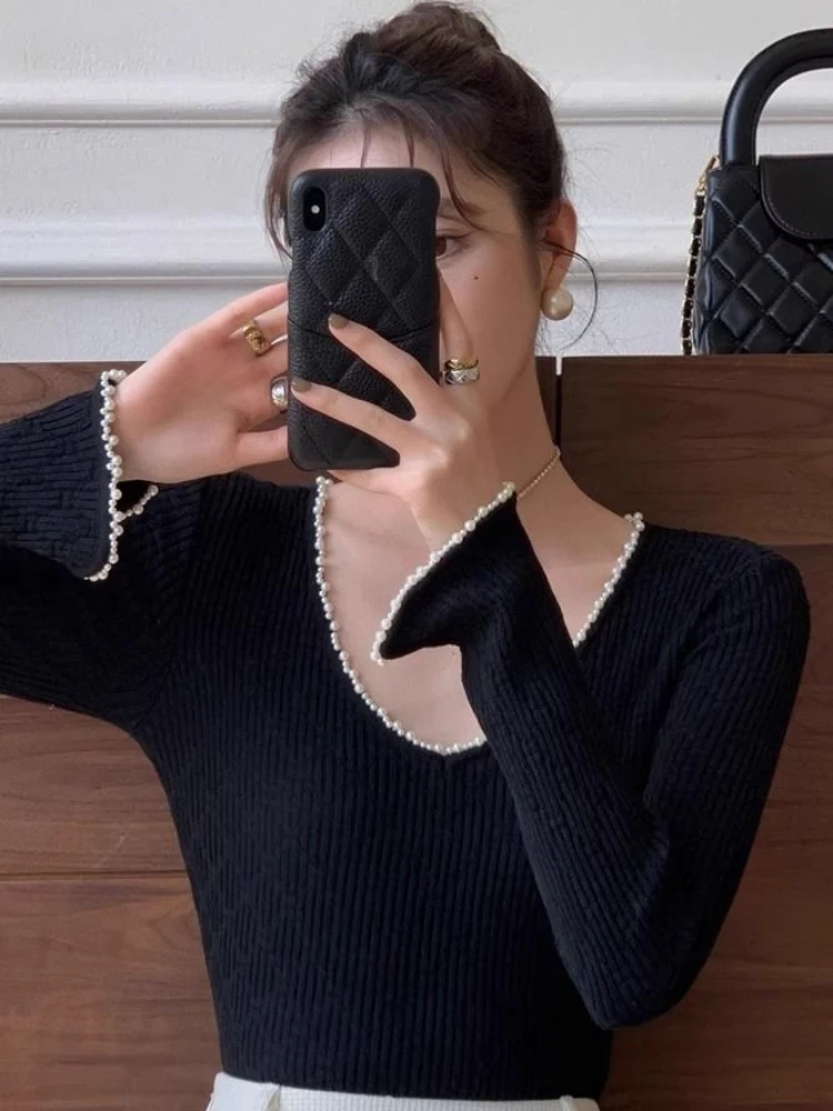 2024 Spring Korean Fashion Knitted Blouse Women Casual Long Sleeve Elegant Bodycon Sweater Outwear Office Lady Sweet Crop Tops