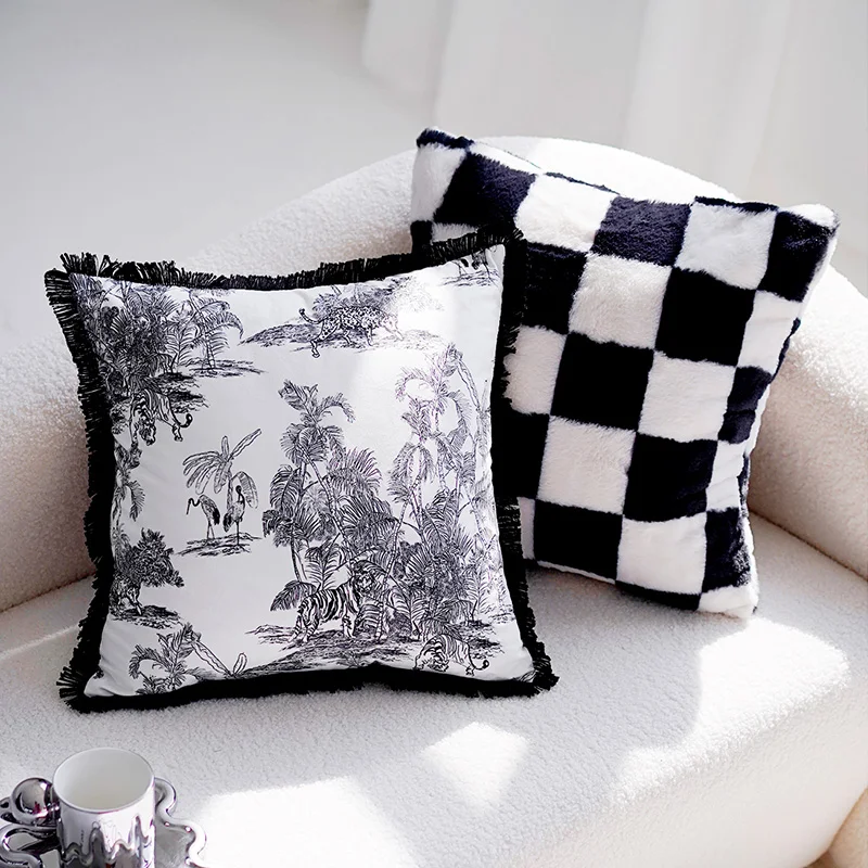 French forest pattern ins wind bag retro checkerboard pillow cover black pillow American sofa cushion black and white