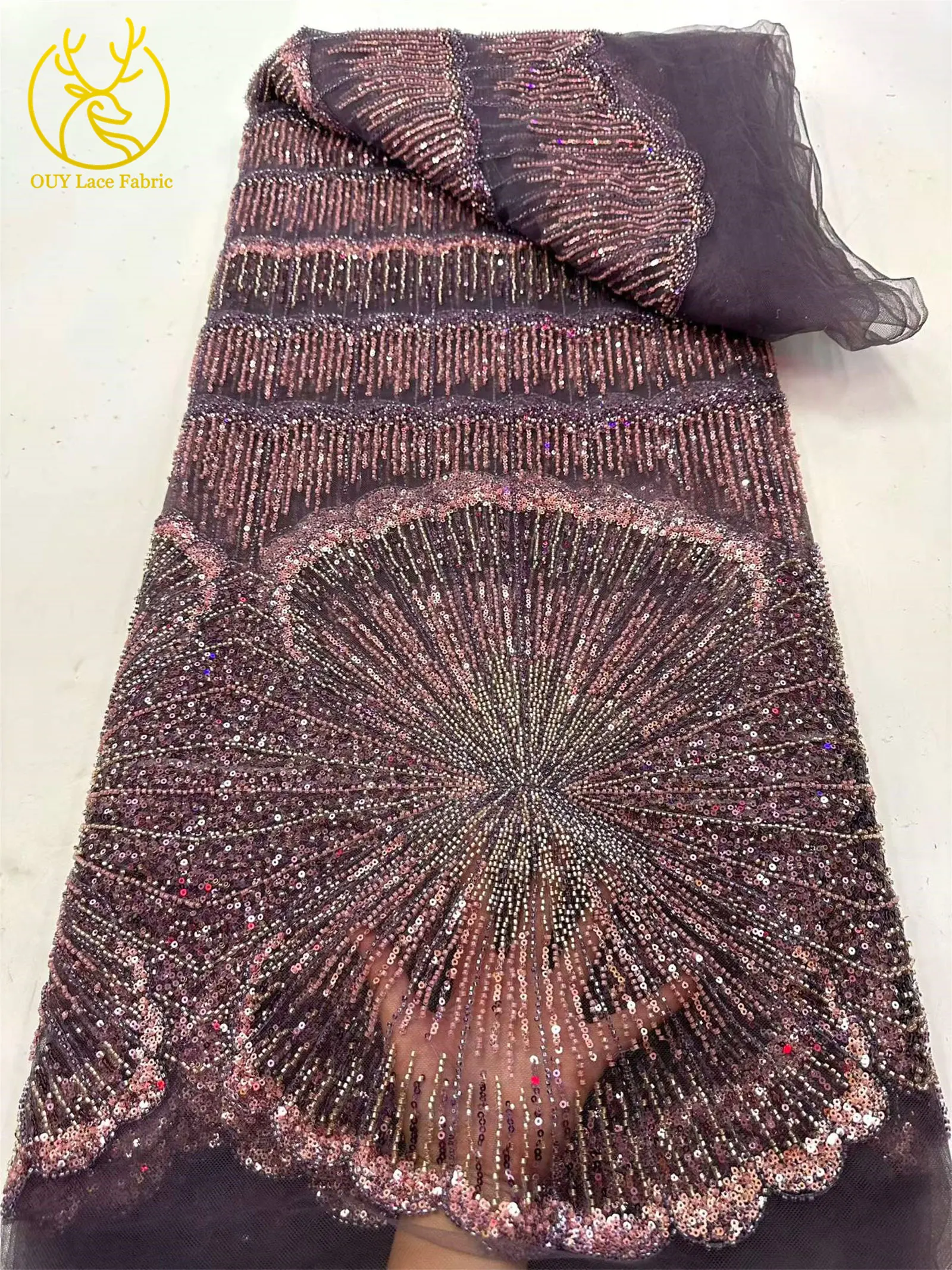 Luxuriöser Gold-Lila Afrikanischer Perlen-Pailletten-Spitzenstoff 5 Yards Exquisiter Französischer Nigerianischer Tüll-Spitzenstoff für Abendkleider und Hochzeitskleider – Detail 17