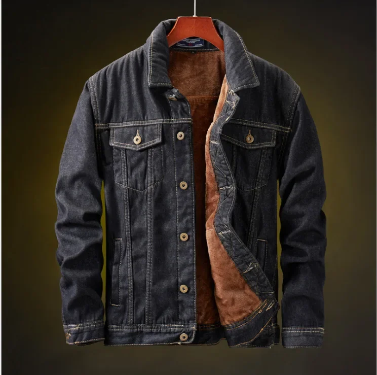 Men Denim Jacket Thick Coats Single Breasted Turn Down Collar Full Sleeve Casual Regular Coat Warm Jackets Autumn Winter