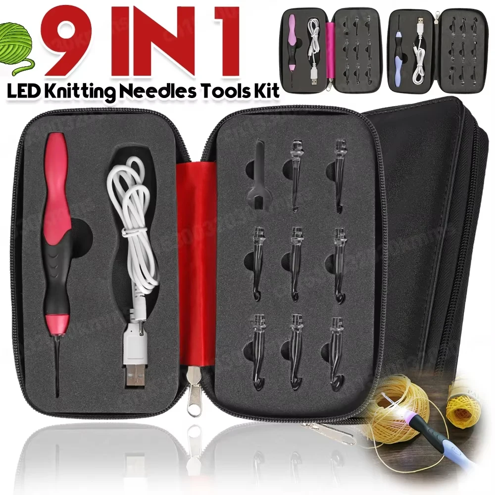 9 in 1 Light Up Crochet Hook Set USB Rechargeable Ergonomic Crochet Hooks LED Lighted Knitting Hook Tools With Crochet Hook Case