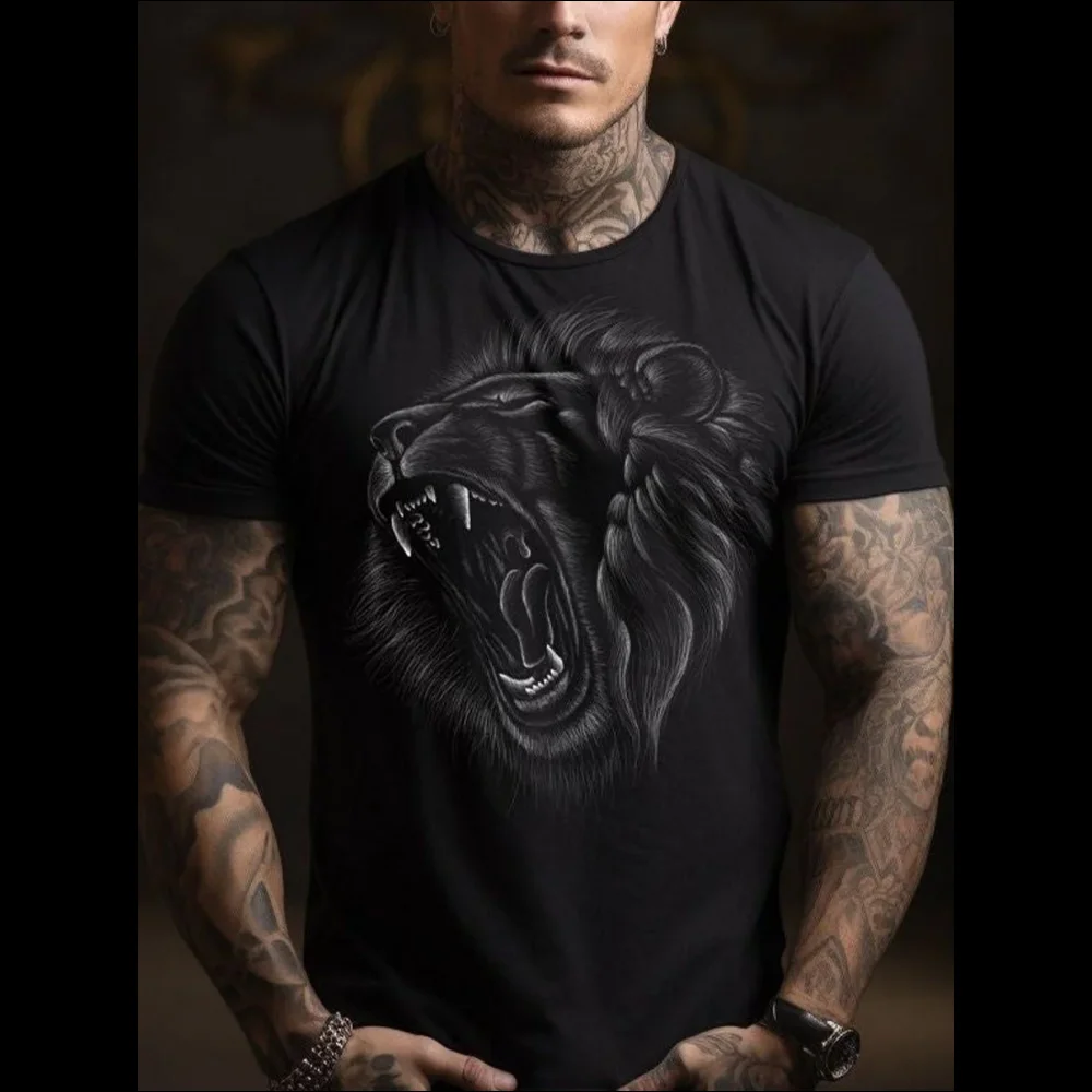 Camiseta masculina de manga curta estampada em 3D, blusa de leão retrô, camiseta animal casual simples engraçada, moda rua, verão