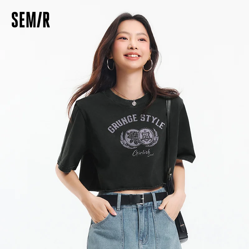 Semir streetwear 반팔 티셔츠 여성 루즈 피트 악세사리 2025 여름 새로운 그래픽 프린트 레트로 탑