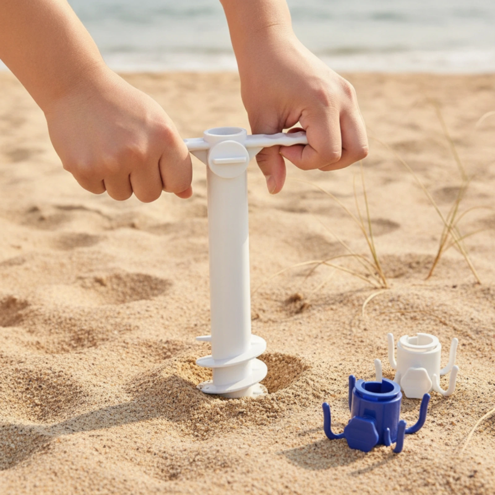 Umbrella Sand Anchor Screw-in Umbrella Holder with Hook Portable Pointed for Beachgoers, Beach, Garden