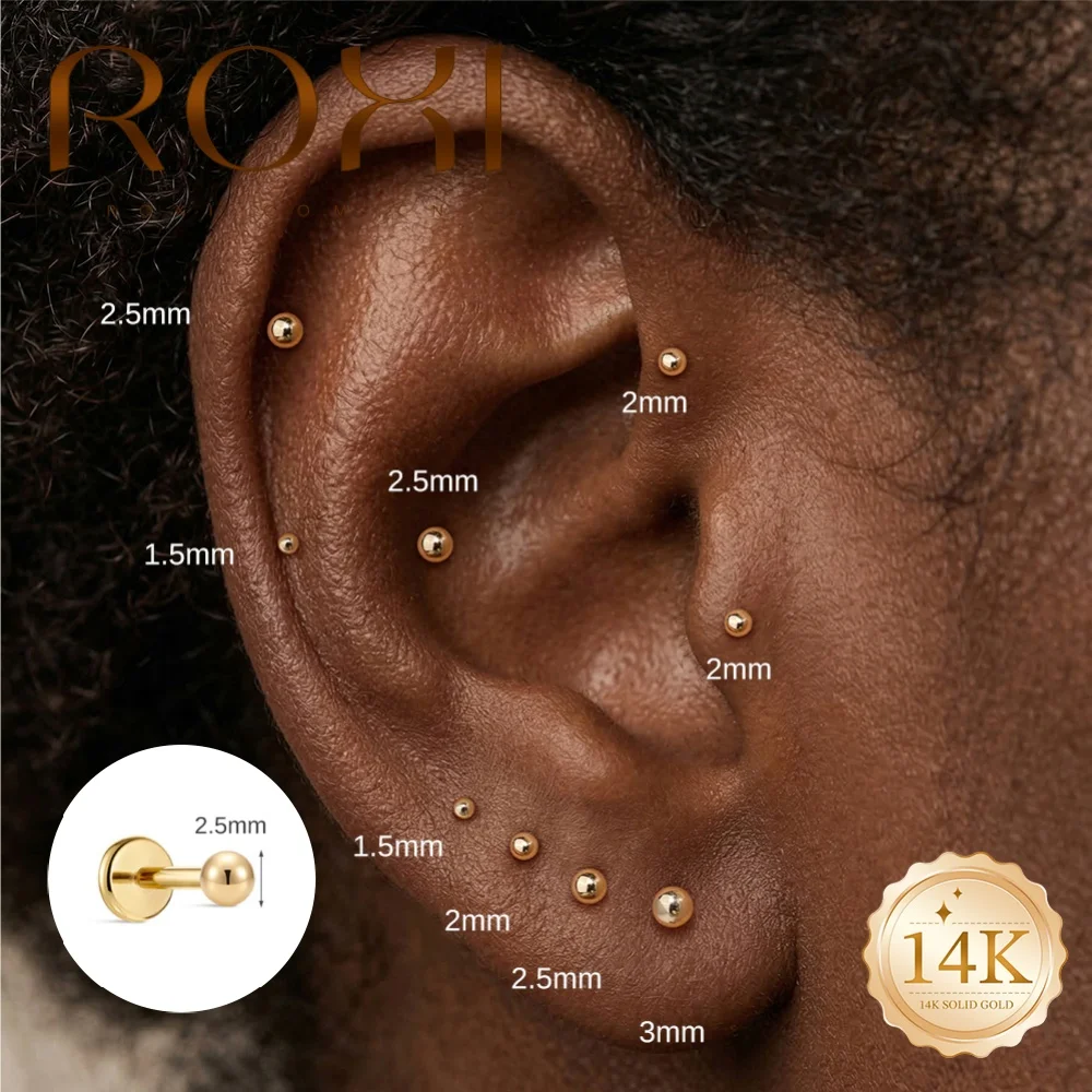 

ROXI 1PC 5/6/8mm 14K Solid Gold Classic Plain Round Ball Flat Back Piercing Studs Dainty Fine Jewelry Gifts for Women Daily Wear