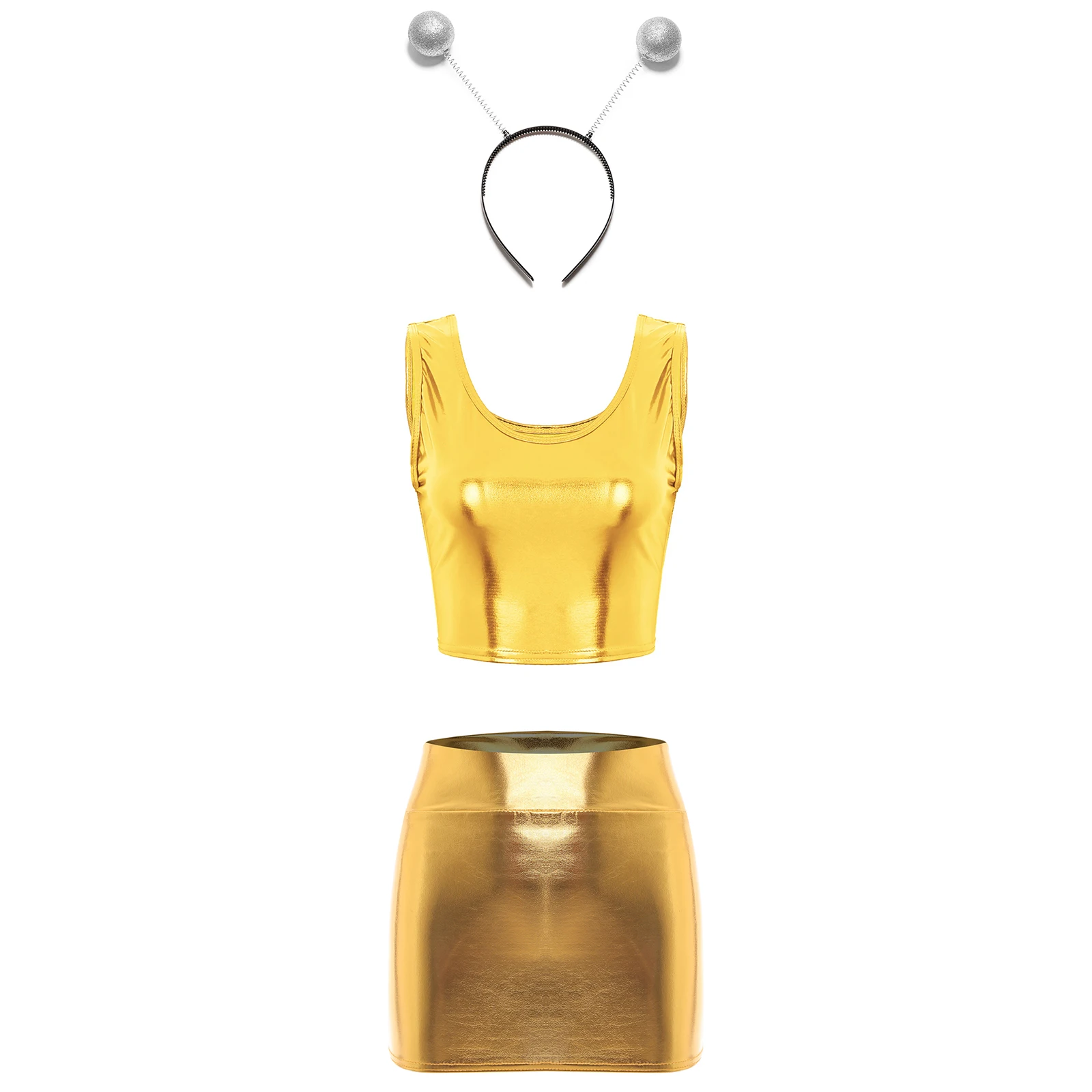 

Women Party Bar Club Dance Performance Costumes Shiny Mini Vest Top with Short Pencil Skirt And Headhood Set for Alien Cosplay