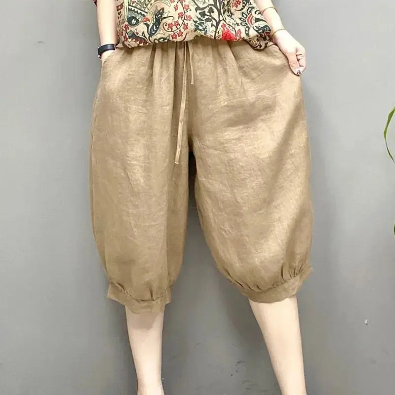 

2024 New Ice Silk Women's Loose Summer Patchwork Pockets Elasticized High-waisted Fashion Solid Color All-match Casual Capris