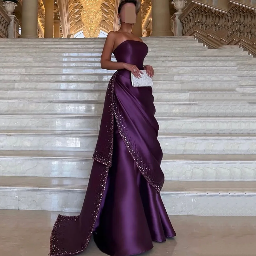 

Msikoods Satin Strapless Evening Dresses 2025 Purple Beaded Saudi Formal Dress Mermaid Prom Dress Women Party Dress Customized
