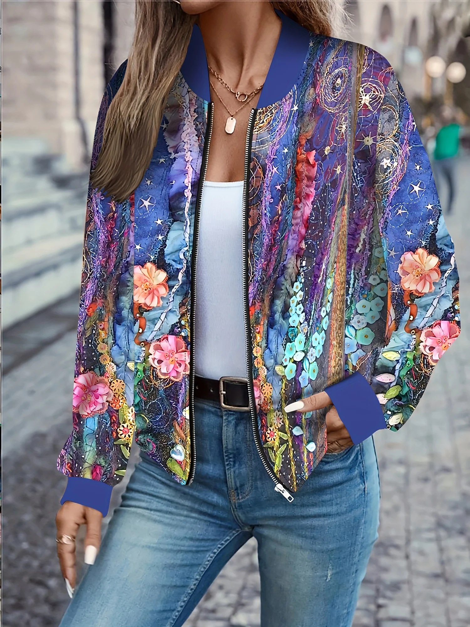Dámská bunda s 3D květinovým vzorem a olejomalbou, zářivý botanický potisk, celoroční dlouhý rukáv, ležérní elegantní kabát - náhled 2