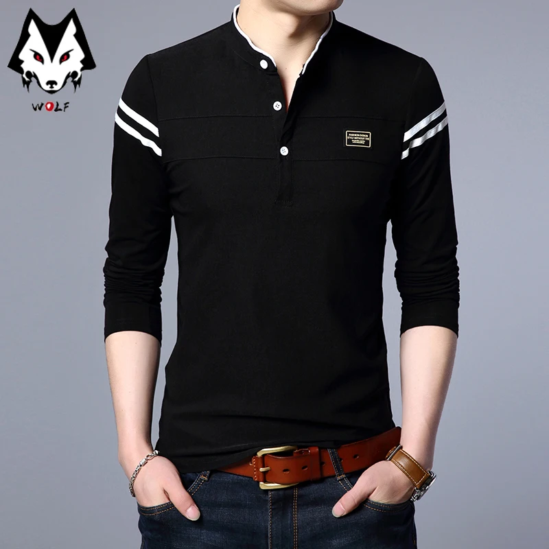 Men\'s Fashion Summer Long Sleeved POLO T-shirt Casual Cotton Breathable Top Stand Up Neck Long Sleeve Korean Comfortable Shirt