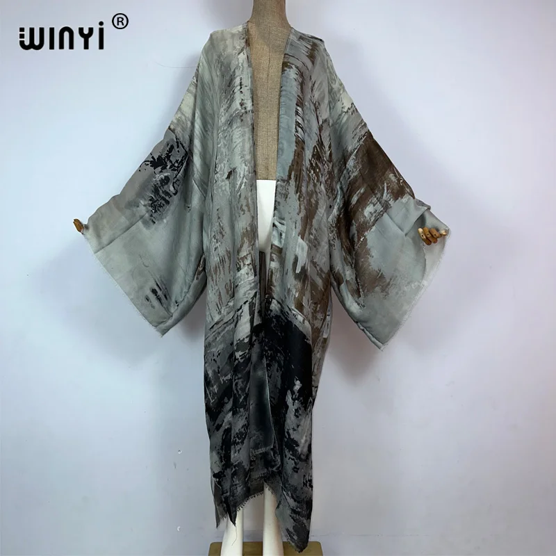 WINYI kimono new Oil print Bikini Cover-up Elegant beach outfits for women sexy cotton feeling vestidos para mujer dress kaftan