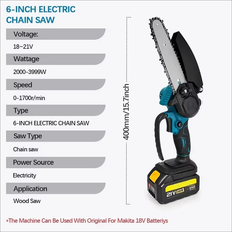 1700RPM 6 Inch Mini Li-Ion Electric Chainsaw One Hand Portable Electric Saw For  Makita 18V  Battery Pin。